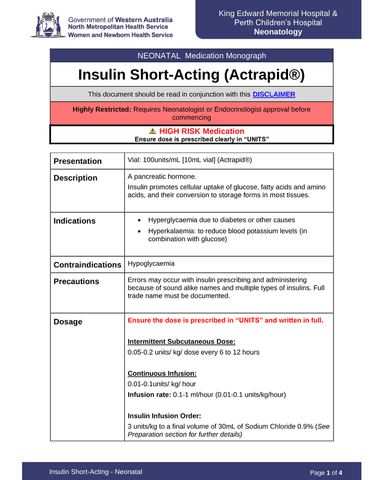 INSULIN SHORT-ACTING - NEONATAL cover