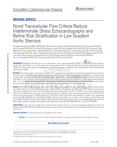 NOVEL TRANSVALVULAR FLOW CRITERIA REDUCE INDETERMINATE STRESS ECHOCARDIOGRAPHY AND REFINE RISK STRATIFICATION IN LOW-GRADIENT AORTIC STENOSIS cover